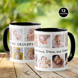 Caneca Colagem de Fotos Moderna Preta 'Amo Você Vô' 12 Fo