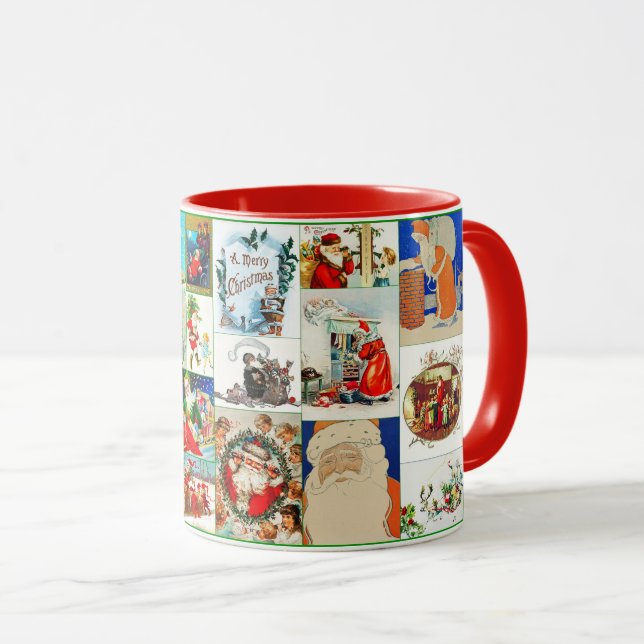 Caneca Colagem de Natal Vintage Santa Claus (Frente Esquerda)