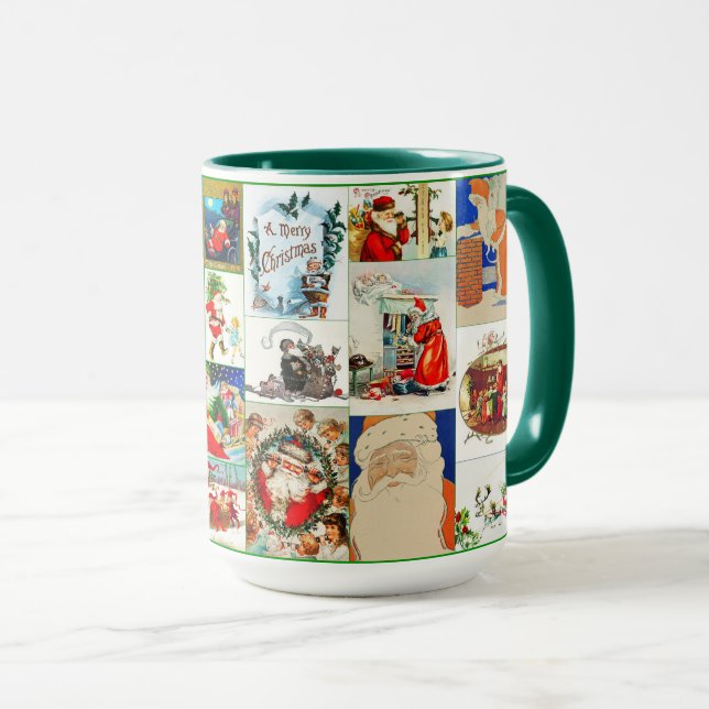 Caneca Colagem de Natal Vintage Santa Claus (Frente Esquerda)