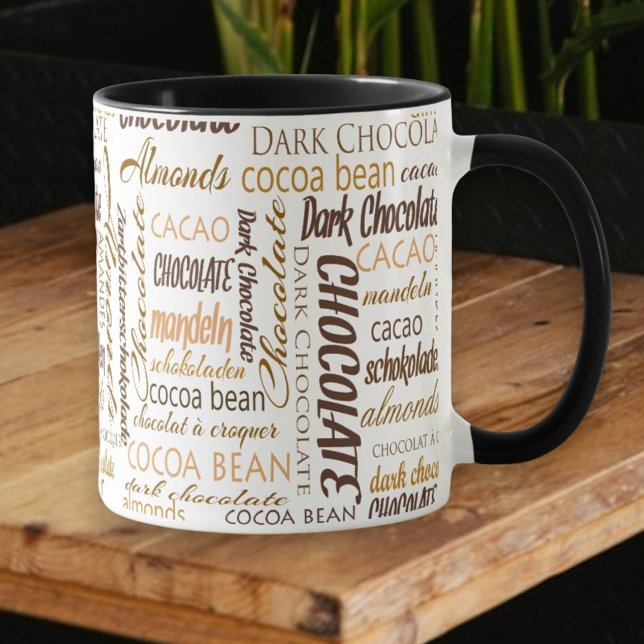 Caneca Colagem de Tipografia Multilíngue do Chocolate Lov (Choose combo mug handle and inside color)