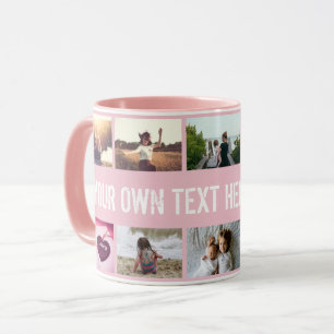 Caneca Colagem e texto de fotos rosa personalizados