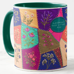 Caneca Colcha Floral de Patchwork Cottagecore Bordado