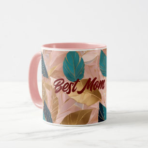 Caneca Coleção de Folhas Douradas de Boho Rosa Moderno