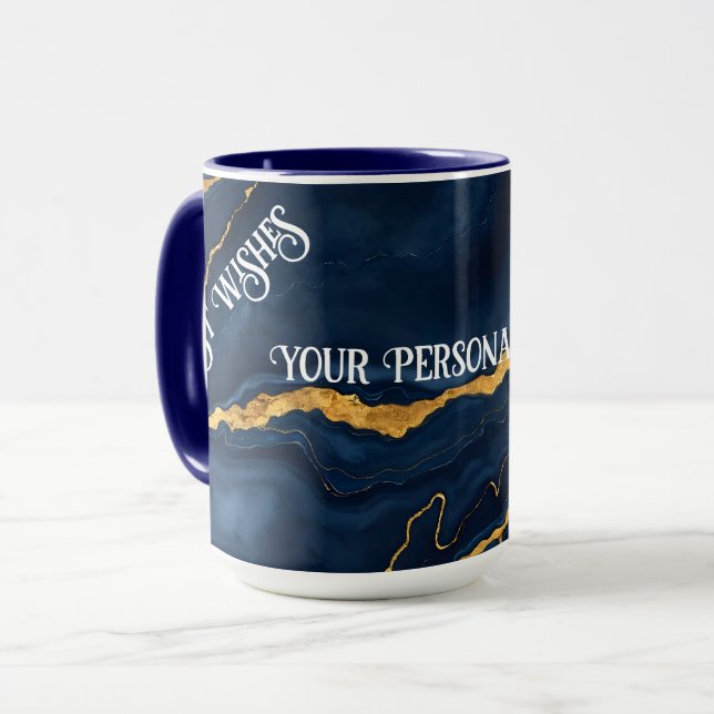Caneca Coleção de mármore Dourado Azul-Marinho Popular (Frente Esquerda)