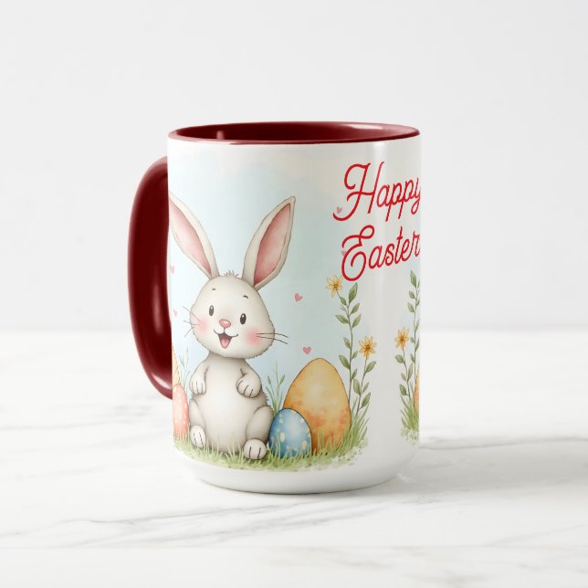 Caneca Coleção Moderna de Coelho de Páscoa Fofo e Ovos (Frente Esquerda)