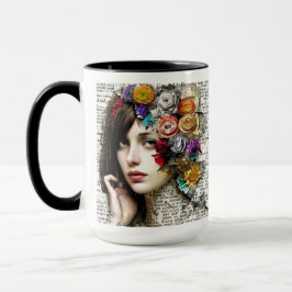 Caneca Collage Art | Garota Bonito com flores no cabelo
