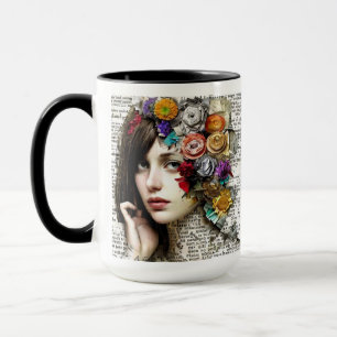 Caneca Collage Art   Garota Bonito com flores no cabelo