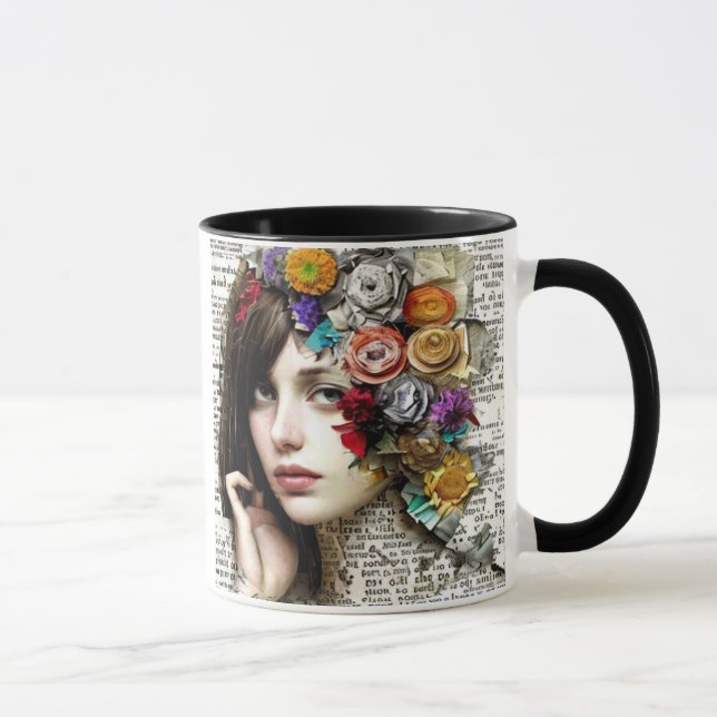 Caneca Collage Art | Garota Bonito com flores no cabelo (Direita)