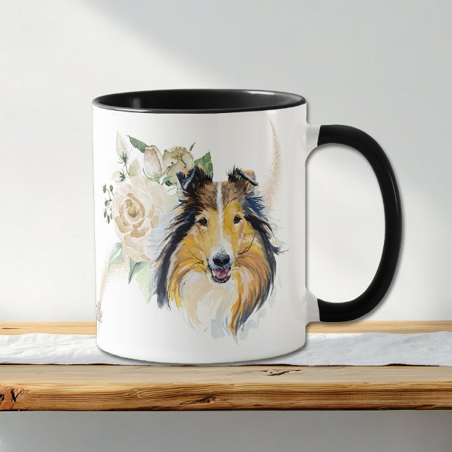 Caneca Collie Dog Mug, Buquê de Rosa Branco (Criador carregado)