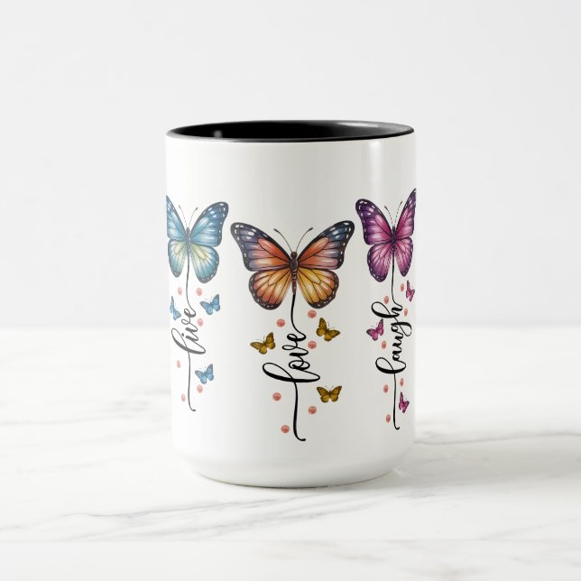 Caneca Colorful Butterfly Trio with Live Love Laugh Quote (Centro)
