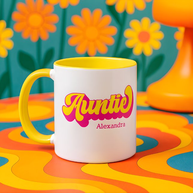 Caneca Colorful Retro Auntie Custom Name Mug (Criador carregado)