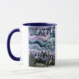 Caneca Colorful Seattle Skyline Van Gogh Cityscape Travel