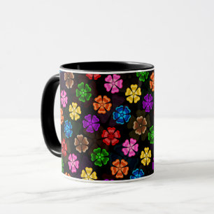 Caneca Colorido Design de Flores de Arco-Íris Retro Preto