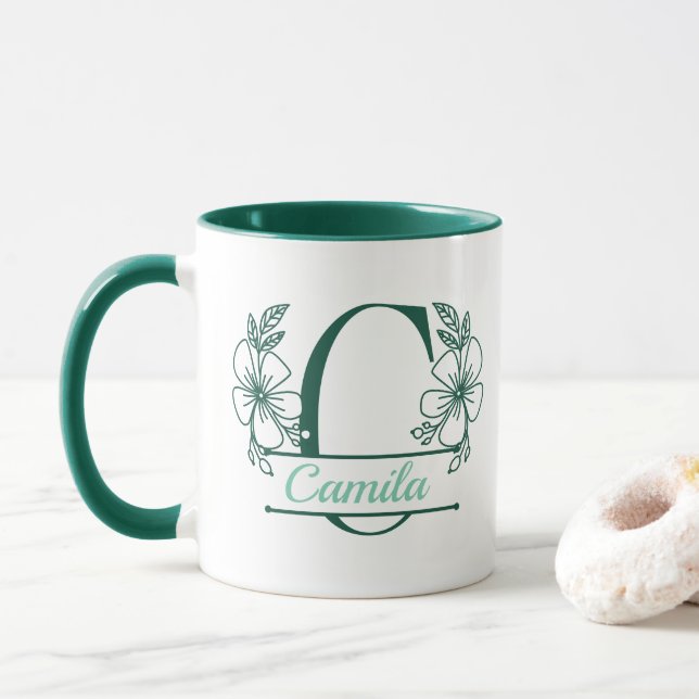 Caneca com Floral Monograma Personalizado Letra C  (Com Donut)
