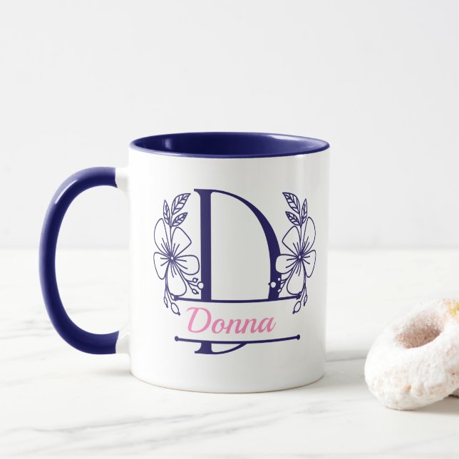 Caneca com Floral Monograma Personalizado Letra D  (Com Donut)