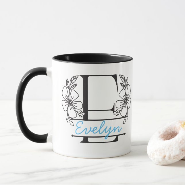 Caneca com Floral Monograma Personalizado Letra E  (Com Donut)