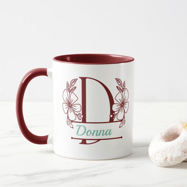 Caneca com Floral Personalizado de Inicial D - Per (Com Donut)
