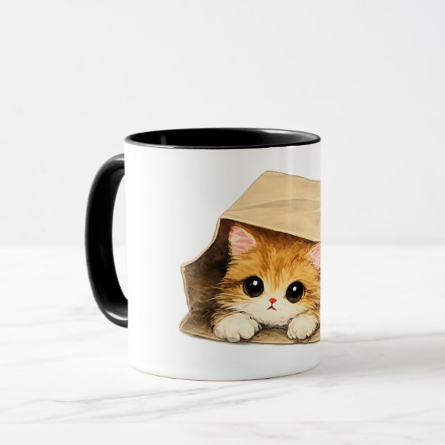 Caneca com Gatinho Fofo em uma Sacola de Papel (Frente Esquerda)