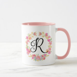Caneca com Grinalda de Flores com Monograma Rosa F