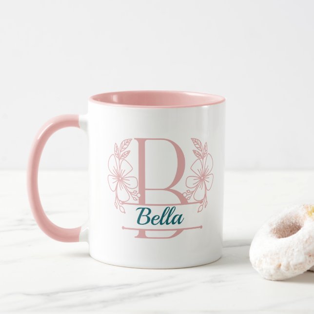 Caneca com Monograma Floral Personalizado Letra B  (Com Donut)