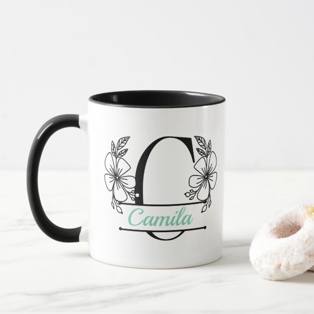 Caneca com Monograma Floral Personalizado Letra C  (Com Donut)