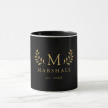 Caneca com Monograma Floral Preto e Dourado com No