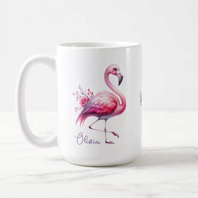 Caneca com Nome Flamingo Rosa Elegante e Rosas (Esquerda)