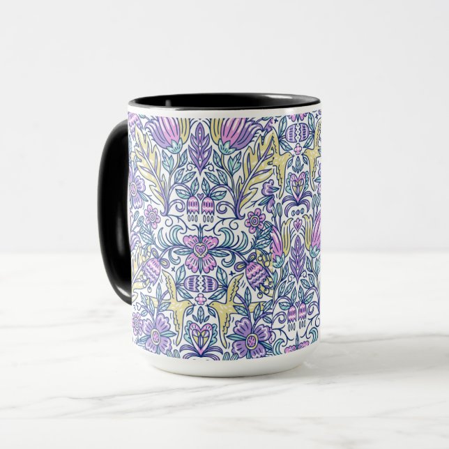 caneca com padrão de arte popular floral pastel/ca (Frente Esquerda)