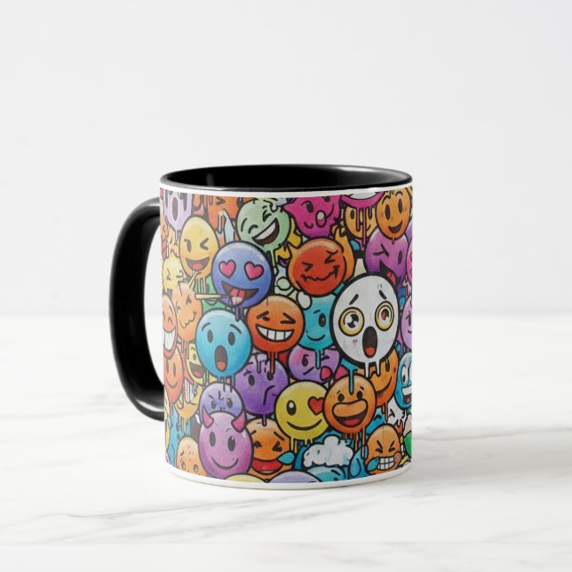 Caneca com Padrão de Carinhas de Emoji Coloridas e (Frente Esquerda)