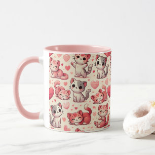 Caneca com padrão de Gato Fofo e Corações – Rosa e