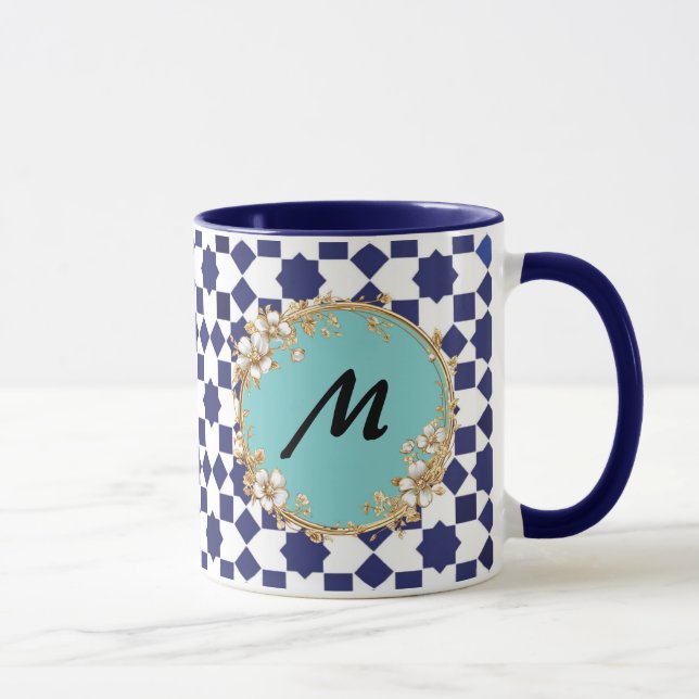 Caneca com Padrão Geométrico Azul e Círculo Floral (Direita)