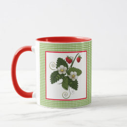 Caneca com Planta de Morango e Borda Xadrez