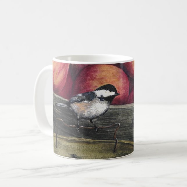 Caneca com um Chickadee em uma cesta das maçãs (Frente Esquerda)