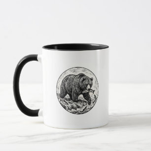 Caneca com Urso Pardo Salmão Xilogravura Preta