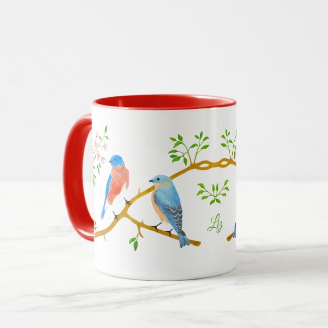 Caneca Combo Azul e Vermelho de Pássaros (Frente Esquerda)