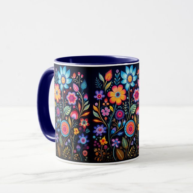 Caneca Combo de Cerâmica Preta com Jardim Floral V (Frente Esquerda)