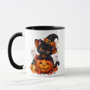 Caneca Combo de Halloween de Gato Preto Fofo e Abó