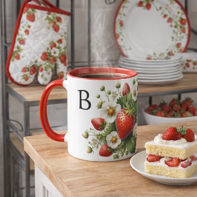 Caneca Combo Monograma Morango Fruta (“Fresh strawberries, warm coffee, and cozy kitchen vibes  a sweet gift idea for every berry lover.”)