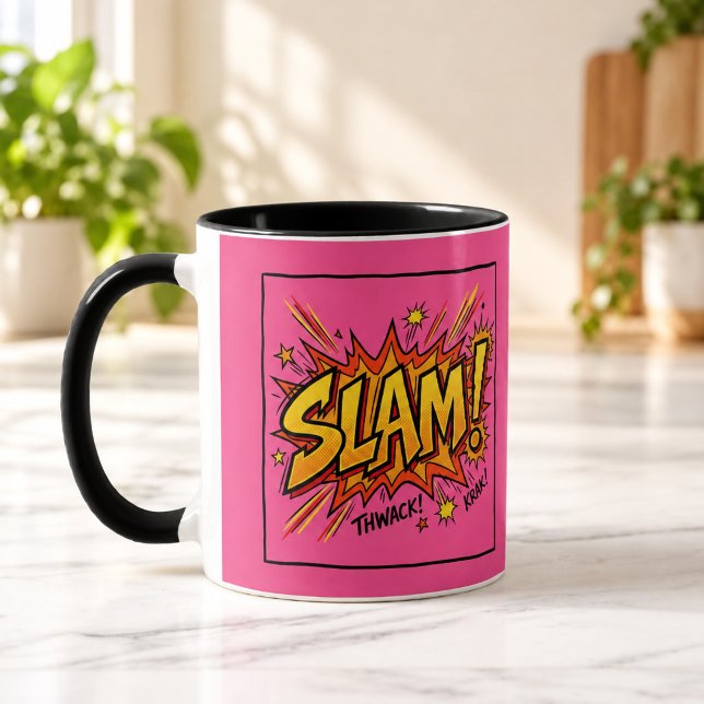 Caneca Combo Rosa Choque e Preto SLAM Pop Art (SLAM Pop Art Hot Pink Black Combo Mug — digital mockup.)