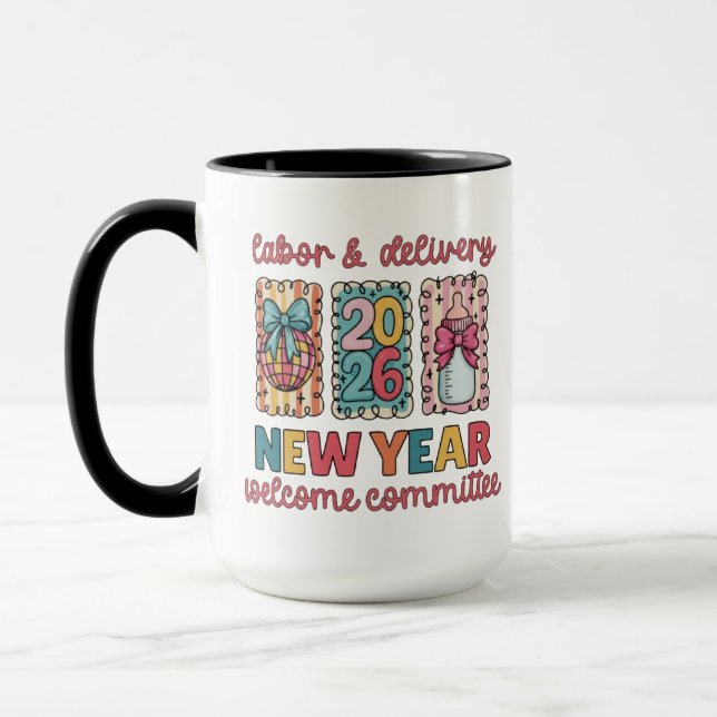 Caneca Comitê de Boas-Vindas do Ano Novo 2026 de Trabalho (Esquerda)