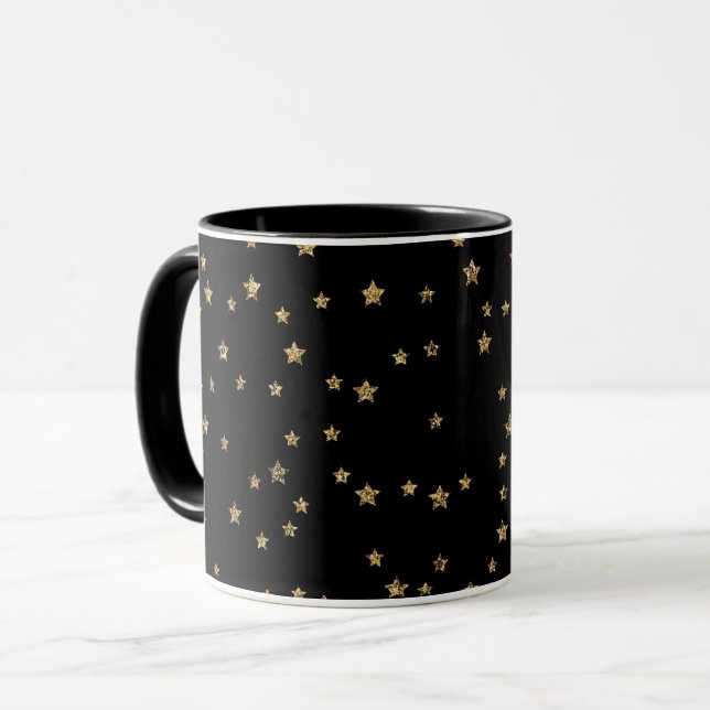 Caneca Confetti ouro astros brilham brilhando preto elega (Frente Esquerda)