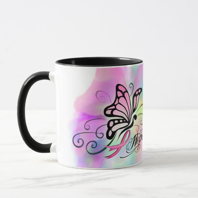 Caneca conhecimento do cancer, design de fita rosa-espera (Esquerda)