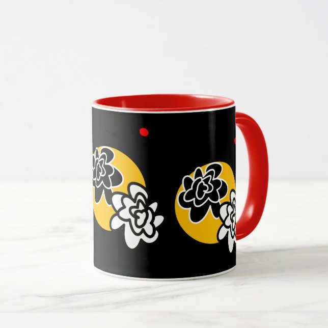 Caneca Contem amarelo preto vermelho da flor amigável da (Frente Esquerda)