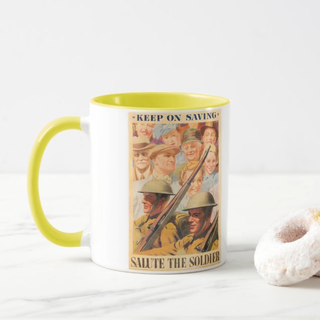 Caneca Continue Economizando. Reimpressão de pôster britâ (Com Donut)