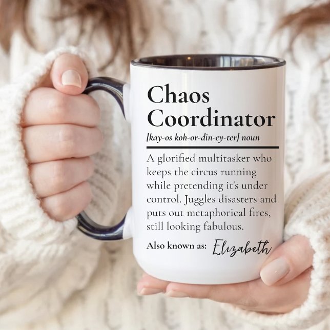 Caneca Coordenador do Caos com Nome Personalizado  (funny boss appreciation mug present, personalized office manager thank you gift, teacher gift mug)