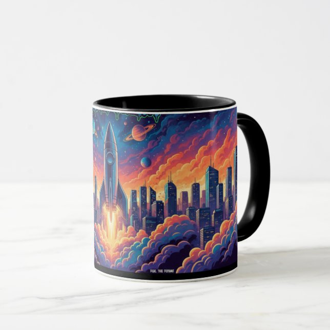 Caneca Copo Combinado Cidade Futurista Lançamento de Fogu (Frente Esquerda)