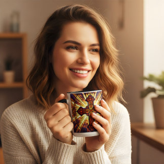 Caneca Copo de café Cruz estilo vitral Jesus é rei