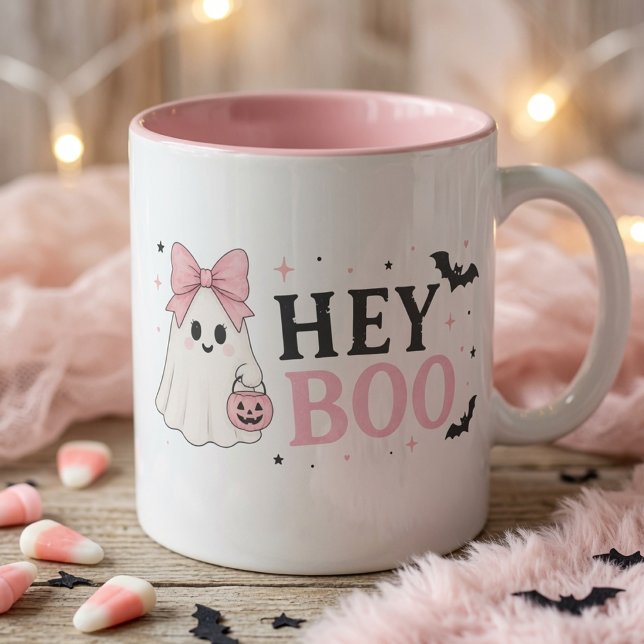 Caneca Coquette Rosa Hey Boo Fantasma Halloween Fofo  (Criador carregado)