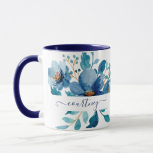 Caneca Cor de água azul clara, floral personalizado