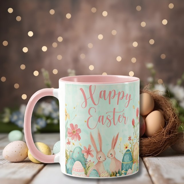 Caneca Cor de água verde clara do felz pascoa rosa (Happy Easter light green watercolor pink Mug)